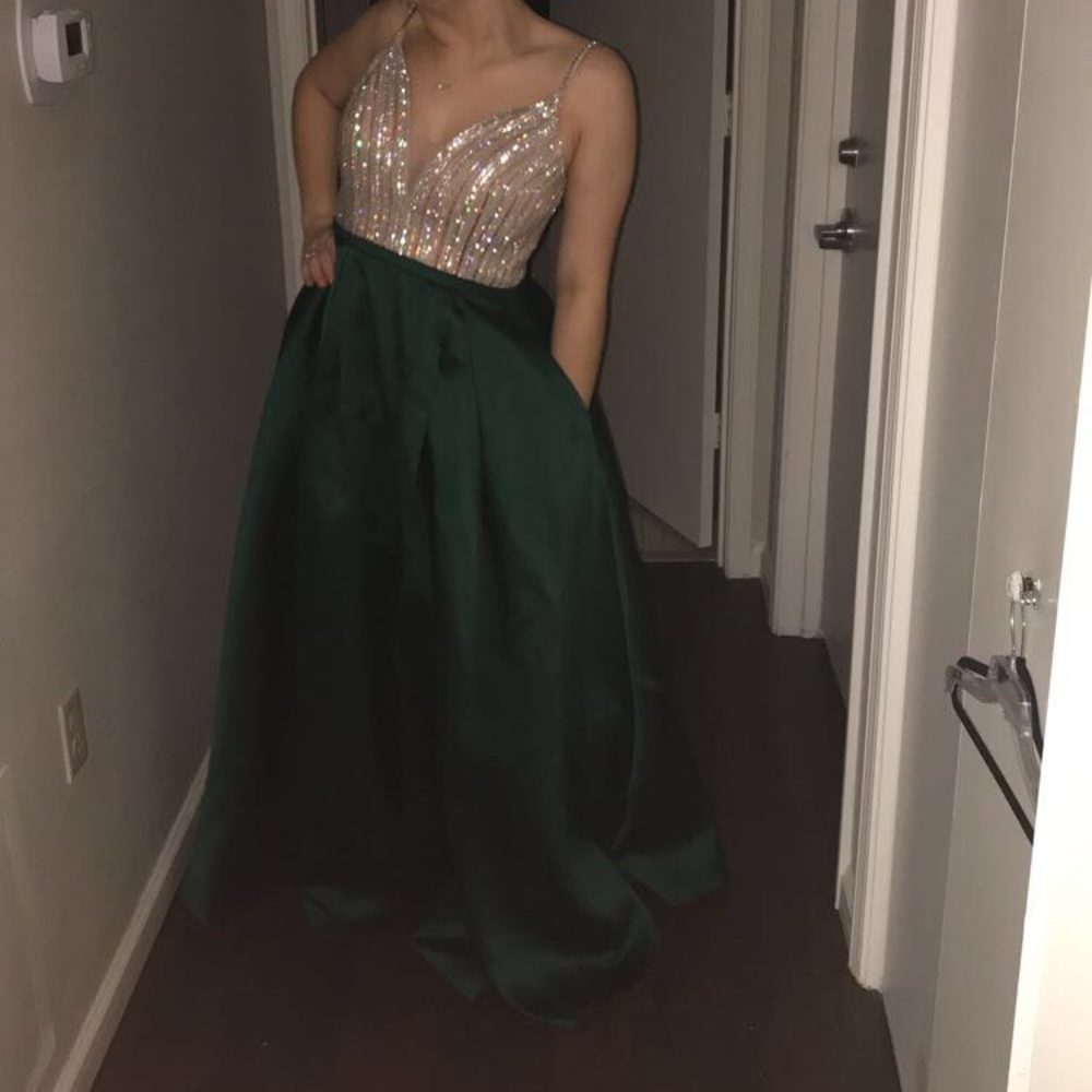 Green a-line beaded dress with pockets